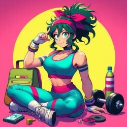 ai_generated artificial-sissy big_breasts cleavage dress female female_deku freckles genderswap_(mtf) green_eyes green_hair izuku_midoriya leggings my_hero_academia rule_63 sneakers solo sportswear