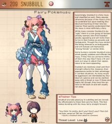 1boy 1girls english_text generation_2_pokemon highres kinkymation monster_girl nintendo pokemon pokemon_(species) pokemon_humanoid pokemorph pokemusu profile snubbull text_box