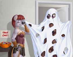 2017 annie_(brian_mcpherson) anthro armor beaver bedsheet bedsheet_ghost bottomless bracers breasts brian_mcpherson candy casual closed_eyes clothed clothing cosplay costume dc female food ghost hair halloween holidays ineffective_clothing koala kylee lasso mammal marsupial nipples nude purple_eyes pussy red_hair rodent spirit thighs wonder_woman_(cosplay)