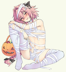 1boy :d astolfo_(fate) bag bandage bare_shoulders black_bow blank_eyes blush bow braid bulge candy fate_(series) food full_body hair_intakes hairbow half-closed_eyes head_tilt highres knee_up long_hair looking_at_viewer male male_only naked_bandage navel no_shoes nose_blush open_mouth pas_(paxiti) penis pink_eyes pink_hair simple_background single_braid sitting smile solo spread_legs thighhighs uncensored very_long_hair white_legwear yellow_background