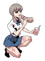 brown_hair drink first_porn_of_character imminent_oral kukuruyo mcdonald's miniskirt open_mouth penis school_uniform schoolgirl_(japanese_mcdonald's_commercial) skirt white_shirt yoru_mac