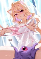 1girls blonde_hair bottomless breasts cat_ears cat_tail catgirl face_markings female no_bra panties red_eyes see-through solo squchan squchan_(vtuber) virtual_youtuber vyugen