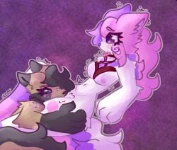 anthro arlenne_(katgod101) breasts canid canine canis cleavage clothed clothing cunnilingus domestic_dog female female/female fluffy fur grey_body grey_fur hair harness hi_res katgod101 looking_at_another looking_pleasured mammal oral paws pink_body pink_fur pink_hair purple_body purple_fur purple_hair raccoon_dog sex shaking tail tanuki tanuki(sleeplesskiwi) vaginal_penetration white_body