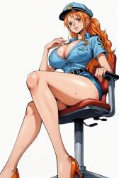 ai_generated alluring big_breasts blush breasts brown_eyes cleavage female female_only long_hair looking_at_viewer nami nami_(one_piece) one_piece open_mouth orange_hair police_hat police_officer police_uniform policewoman seducing seduction seductive seductive_body seductive_eyes seductive_gaze seductive_look seductive_mouth seductive_pose shiny_hair shiny_skin sitting sitting_on_chair skirt sweat sweatdrop sweating sweaty sweaty_body tongue_out voluptuous voluptuous_female yashin