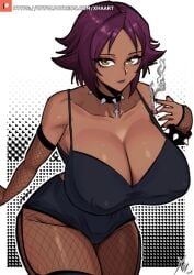 1girls black_legwear bleach bleach:_the_thousand-year_blood_war breasts choker cigarette collar fishnet_armwear fishnet_legwear fishnets green_eyes looking_at_viewer massive_ass massive_breasts massive_butt massive_thighs purple_hair shihouin_yoruichi short_hair spiked_bracelet spiked_collar thick_thighs thighs xhaart