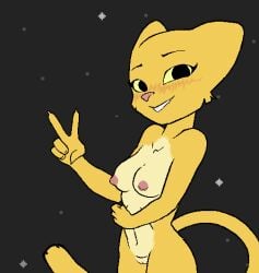 2024 anthro areola barely_visible_genitalia barely_visible_pussy bethesda_game_studios blush breasts claws cmbonza digital_media_(artwork) felid female fur genitals gesture hand_gesture hi_res katia_managan khajiit looking_at_viewer mammal microsoft multicolored_body night nipples nude pink_nose pixel_(artwork) prequel_adventure pussy quentin_(prequel_adventure) simple_background smile solo solo_focus standing the_elder_scrolls two_tone_body v_sign yellow_body yellow_fur