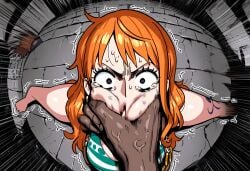 1boy 1girls abuse ai_generated cheeks crying crying_with_eyes_open dark-skinned_male face_grab female female_focus gloopai grabbing_face interracial male mouth_hold muscular_male nai_diffusion nami one_piece post-timeskip ryona scared scared_expression tear tearing_up tears trembling