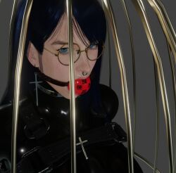 3d arms_behind_back ball_gag black_bodysuit blender blender_(software) blender_eevee blue_eyes blue_hair bodysuit bondage cage caged captive captured chinese_text choker cross_earrings cross_necklace earrings eyeliner gag gagged glare glaring glasses gold_glasses grace_(osimai) huge_breasts lip_piercing lip_ring long_hair necklace nose_piercing nose_ring original_character osimai restrained silver_choker staring staring_at_viewer wrists_tied