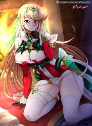 1girls big_breasts christmas christmas_outfit cleavage core_crystal hocen hocen_hosen hocen_hosen_(artist) inside mythra mythra_(xenoblade) nintendo santa_hat vilde_loh_hocen voluptuous xenoblade_(series) xenoblade_chronicles_2