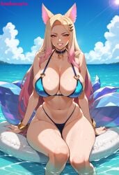 1girls ahri ai_generated bikini bombacopta choker fox_ears fox_girl fox_tail grin huge_breasts inflatable jewelry k/da_ahri k/da_series league_of_legends thick_thighs water