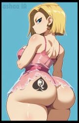 1girls ai_generated android_18 ashaa ass ass_tattoo back_view big_ass big_breasts blacked blonde_hair blue_background blue_eyes bubble_butt dragon_ball dragon_ball_super dragon_ball_z dress earrings eyelashes female female_focus female_only hoop_earring hoop_earrings huge_ass jewelry lingerie looking_back night_gown pawg pink_lingerie pink_nightgown qos_tattoo queen_of_spades simple_background snowbunny tattoo thick thick_ass thick_thighs thighs transparent_clothing white_outline yellow_hair