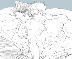 2boys cigarette cigarette_in_mouth dio_brando gay joestar_birthmark jojo's_bizarre_adventure jotaro_kujo male male/male male_only muscular_male shirtless_male stardust_crusaders yaoi