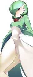 blush bob_cut colored_skin creatures_(company) dress game_freak gardevoir gen_3_pokemon green_hair hair_over_one_eye highres looking_back multicolored_skin nintendo pink_eyes pokemon pokemon_(creature) simple_background thick_thighs thighs two-tone_skin white_background white_dress white_skin yuuyuu_(yuuki1771)