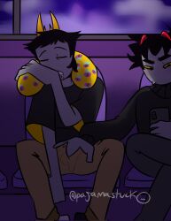 2boys alien black_hair black_hair_male colored_skin dubious_consent gay grey_skin homestuck homestuck_troll horn horns karkat_vantas male pajamastuck sex short_hair short_hair_male sleeping sollux_captor troll yaoi