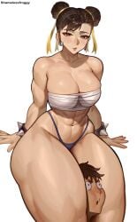 1boy 1girls abs breasts chun-li cleavage female female_focus large_breasts looking_at_viewer muscular muscular_female shamelessfroggy street_fighter thick_thighs thighs thong white_background wide_hips