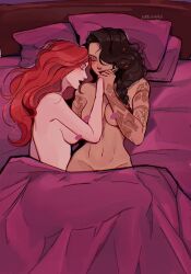 2girls bed censored closed_eyes cuddling female female_only league_of_legends miss_fortune red_hair riot_games samira_(league_of_legends) sarah_fortune sunsunny31 wholesome yuri