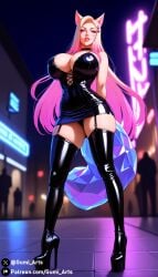 ahri ai_generated blonde_hair blue_eyes cleavage covered_nipples dress fox_ears fox_girl fox_tail from_below gumi_arts hands_behind_back high_heel_boots high_heels huge_breasts k/da_all_out_ahri latex league_of_legends lipstick multicolored_hair outdoors pink_hair platform_boots platform_heels stable_diffusion standing stockings street thick_thighs thigh_boots