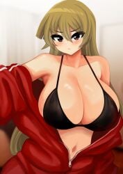 1girls alexis_rhodes big_breasts bikini_top black_bikini_top blonde_hair blush breast_focus breasts brown_eyes cleavage clothing female female_only hair huge_breasts jacket jacket_open large_breasts long_hair open_jacket red_jacket solo solo_female the_only_shoe topwear unzipped_jacket yu-gi-oh!