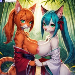 2girls ai_generated animal_ear_fluff animal_ears animal_nose anthro aqua_hair artist_name bamboo bamboo_forest bangs bare_shoulders blue_hair blush body_fur bracelet breast_press breasts cat_ears cat_girl cat_tail closed_mouth day domestic_cat feline forest furry furry_female green_eyes hair_between_eyes hair_ribbon japanese_clothes jewelry kimono large_breasts long_hair long_sleeves looking_at_viewer multiple_girls nature necklace nipples off_shoulder orange_hair outdoors ponytail red_ribbon ribbon sash sidelocks smile stable_diffusion symmetrical_docking tail twitter twitter_username watermark wide_sleeves yiffyjiffy69