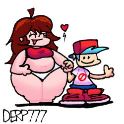 1boy 1girls belly blue_hair blue_pants boyfriend_(friday_night_funkin) brown_hair cap chubby derp777 fat friday_night_funkin girlfriend_(friday_night_funkin) heart heart_symbol holding_hands no_shoes obese panties red_dress red_shoes smiling smiling_at_partner thunder_thighs white_panties white_shirt