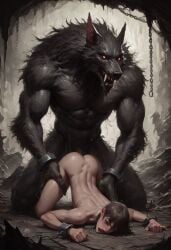 ai_generated anthro_on_human anthro_penetrating_human femboy human_bitch humansub interspecies knotted_penis male monster monster_cock werewolf wolf_humanoid yaoi