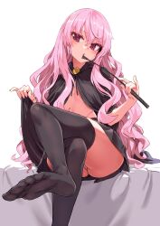 1girl asanagi black_stockings cloak crossed_legs foot_fetish half_naked light-skinned_female light_skin louise_francoise_le_blanc_de_la_valliere pink_eyes pink_hair the_familiar_of_zero zero_no_tsukaima