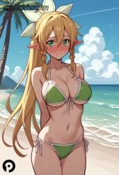 ai_generated arms_behind_back bangs bare_shoulders beach bikini blonde_hair blue_sky blush braid breasts cleavage closed_mouth cloud collarbone cowboy_shot day embarrassed female front-tie_top green_bikini green_eyes hair_between_eyes kirigaya_suguha large_breasts leafa long_hair looking_at_viewer navel ocean outdoors palm_tree pikkiwynn pointy_ears ponytail side-tie_bikini_bottom sky solo stomach string_bikini swimsuit sword_art_online thigh_gap tree twin_braids underboob very_long_hair water