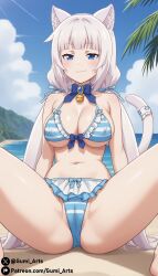 ai_generated animal_ear_fluff animal_ears animal_tail beach bikini blue_eyes blush cat_ears cat_tail catgirl cleavage collar covered_nipples covered_pussy frilled_bikini gumi_arts hair_ornament large_breasts long_hair looking_at_viewer naughty_face nekopara ocean outdoors sand sitting smug spread_legs stable_diffusion thick_thighs twintails vanilla_(nekopara) very_long_hair white_hair