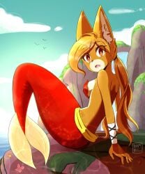 anthro bright_(namrii_) clothed ear_tuft fox furry furry_ears mermaid mermaid_tail namrii_ not_porn oc old_bright_(namrii_) shell_bikini tagme