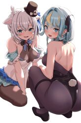 2girls ass blue_eyes blue_hair bunny_ears bunny_tail bunnysuit dat_ass female hakushika_iori kaminari_clara large_ass large_butt light-skinned_female light_skin looking_back outfit_swap phase_connect phase_connect_jp phase_origins squatting suzuuchi_tall virtual_youtuber white_hair wide_hips