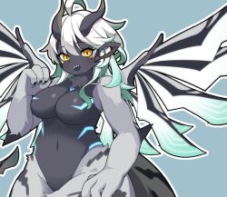 2023 4_fingers ahoge anthro arm_spikes big_breasts biped black_body black_claws black_fur black_horn black_stripes black_tongue black_wings blue_markings breasts brown_horn claws colored digital_media_(artwork) dragon elbow_spikes eyelashes featureless_breasts female female_anthro fingers front_view fur furred_dragon furred_scalie green_hair green_wings grey_background grey_body grey_fur hair half-length_portrait hi_res horn humanoid_face humanoid_hands kemono long_hair looking_at_viewer markings maru_mao_(artist) multicolored_body multicolored_fur multicolored_hair multicolored_horn multicolored_wings mythological_creature mythological_scalie mythology navel nude open_mouth portrait scalie shaded sharp_teeth simple_background solo spikes spikes_(anatomy) standing striped_body striped_fur stripes teeth tongue two_tone_body two_tone_fur two_tone_hair two_tone_horn unusual_anatomy unusual_wings white_hair white_wings wings yellow_eyes