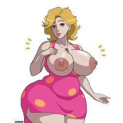 bbw blonde_hair breasts chubby cross dress ghostec huge_breasts huge_nipples milf mom_(the_binding_of_isaac) nipples polka_dot red_eyes short_hair simple_background standing the_binding_of_isaac thick_thighs topless wide_hips