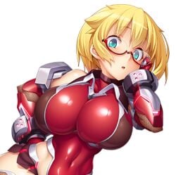 bare_shoulders battle_suit battlesuit blonde_hair blue_eyes bodysuit female female_focus female_only game_cg glasses hand_on_face huge_breasts looking_at_viewer looking_down navel navel_visible_through_clothes open_mouth potion_(moudamepo) red_bodysuit red_suit shinohara_mari short_hair small_image taimanin_(series) taimanin_rpgx tight_bodysuit tight_clothing transparent_background upper_body