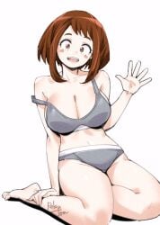 belly_button bent_legs blush boku_no_hero_academia brown_eyes brown_hair cleavage grey_underwear half-dressed hand_on_leg large_breasts my_hero_academia ochako_uraraka pale_skin relaxjon shoulders sideboob sitting sitting_on_floor smiling soft_thighs thick_thighs thighs underwear uraraka_ochako waving wide_eyed wide_hips wide_thighs