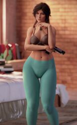 1girls 3d bra brown_bra brown_hair gun iamherefts lara_croft pants solo tomb_raider weapon yoga_pants