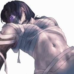 bandage_on_face bandaged_chest bandages color colored covered_eye covered_mouth eye_contact gregor_(limbus_company) limbus_company long_hair no_sex not_ai_generated project_moon purple_eyes sole_male tied_hair
