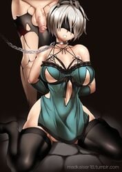 2futas balls balls_under_clothes blindfold bottomless_skirt breasts bulge cleavage cosplay curvy dickgirl dress flaccid foreskin fringe futa_only futa_with_futa futadom futanari futasub hourglass_figure intersex kaine_(nier)_(cosplay) large_breasts madkaiser nier:_automata nier_(series) nier_replicant no_panties nude pale_skin penis penis_under_clothes penis_under_dress penis_under_skirt short_hair skirt square_enix testicles veiny_penis white_hair wide_hips yorha_2b yorha_a2