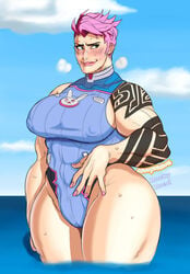 2d abs beach big_breasts blizzard_entertainment blush costume_change d.va_(cosplay) hand_on_hip hyper_thighs massive_thighs muscular_female nipple_bulge orangekissess overwatch overwatch_2 pink_hair rocky_road short_hair sweat tattoo thick_thighs thong_leotard thunder_thighs tight_clothing wide_hips zarya