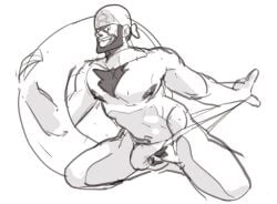 archie_(pokemon) balls bara beard bulge chest_hair facial_hair flaccid headkerchief male male_only monochrome muscles muscular nintendo penis pinkmustacheguy pokemon solo solo_male team_aqua thong tongue_out underwear