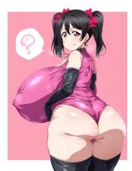 ai_generated alternate_breast_size big_butt black_hair breasts_bigger_than_head fat_ass gigantic_breasts hair_ornament hair_ribbon huge_breasts looking_back love_live! love_live!_school_idol_project maclove massive_breasts nai_diffusion one-piece_swimsuit red_eyes shortstack smiling thick_female thick_thighs thighs twintails yazawa_nico