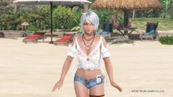 3d 4girls all_fours animated athletic athletic_female beach big_breasts blue_eyes blue_hair breasts busty cleavage dead_or_alive dead_or_alive_xtreme_venus_vacation downblouse female female_focus female_only hourglass_figure long_hair loose_shirt navel necklace no_bra official_art patty_(dead_or_alive) sandals shirt shorts solo_focus tan tan_body tan_skin trailer video white_hair wide_hips