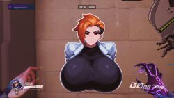 ai_generated alternate_breast_size breasts_bigger_than_head edit edited_screencap fake_breasts gigantic_breasts ginger huge_breasts in-game moira overwatch overwatch_2 pov screencap short_hair smile spray sweater_puppies