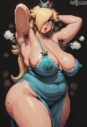 1girls ai_generated armpit_hair armpits arms_behind_head ashleybarkz bbw belly big_breasts blonde_hair blue_eyes breasts chubby chubby_female cleavage crown dress earrings erect_nipples fat female female_armpit_hair female_only hair_over_one_eye hairy_armpits huge_ass huge_breasts light-skinned_female light_skin long_hair looking_at_viewer mario_(series) nintendo nipples_visible_through_clothing no_panties no_panties_under_dress open_mouth pixel_art plump plump_lips princess_rosalina solo solo_focus steam steaming steamy steamy_body super_mario_galaxy sweat sweating sweaty_body wide_hips