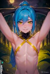 1boy abs absurd_res ai_generated armpits arms_behind_head arms_up blue_hair blush blush cute darabri femboy feminine_male flat_chest forest forest_background girly logo navel night nipples otoko_no_ko outlines patreon patreon_logo ponytail rimuru_tempest smile soft_smile that_time_i_got_reincarnated_as_a_slime toned trap yellow_eyes