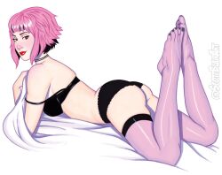 1girls black_nails black_underwear brown_eyes female legwear lipstick nail_polish pink_hair pink_legwear ramona_flowers red_lipstick ring scott_blair scott_pilgrim see-through see-through_clothing short_hair solo solo_female stockings strap_slip thighhighs underwear