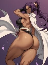 1girls ai_generated ass bleach breasts brown_skin dark-skinned_female dark_skin dat_ass female hi_res huge_ass long_hair oatmealdood ponytail purple_hair shihouin_yoruichi stable_diffusion yellow_eyes