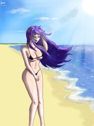 beach_background belly_button black_bikini body_blush cleavage doki_doki_literature_club god_rays kainlarsen large_breasts long_hair long_legs midriff_showing ocean pale-skinned_female purple_hair shiny_skin shy_expression skimpy_bikini smiling sunbathing sunlight teenage_girl windswept_hair yuri_(doki_doki_literature_club)