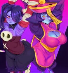 2girls armpits arms_up ass ass_to_ass big_ass big_breasts black_hair blue_skin boob_window breasts bubble_butt cashumeru cleavage clothing crossover darkstalkers dat_ass fat_ass female female_only hair_over_one_eye hsien_ko huge_ass jiangshi large_ass looking_at_viewer monster_girl png red_eyes skullgirls smile squigly thick_ass thick_thighs wide_hips yellow_eyes zombie zombie_girl