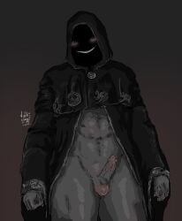 big_penis black_clothing blush blushing_penis cloak faceless faceless_male flashing flashing_penis male male_only masked masked_male mysterious no_face penis pierced_genitals pierced_penis piercing piercings spy spymaster_(star_stable_online) star_stable_online