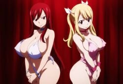 2girls ai_generated bikini blonde_hair breasts curtains erza_scarlet fairy_tail female huge_breasts lucy_heartfilia mullon novelai red_hair stage top_heavy